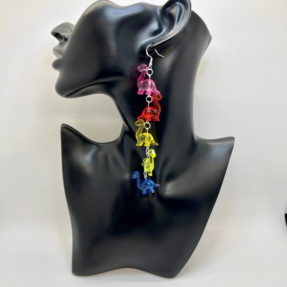 Dinosaur Chain Earrings - Toy Earrings - Rainbow Earrings - Long Earrings - Picture 10 of 11